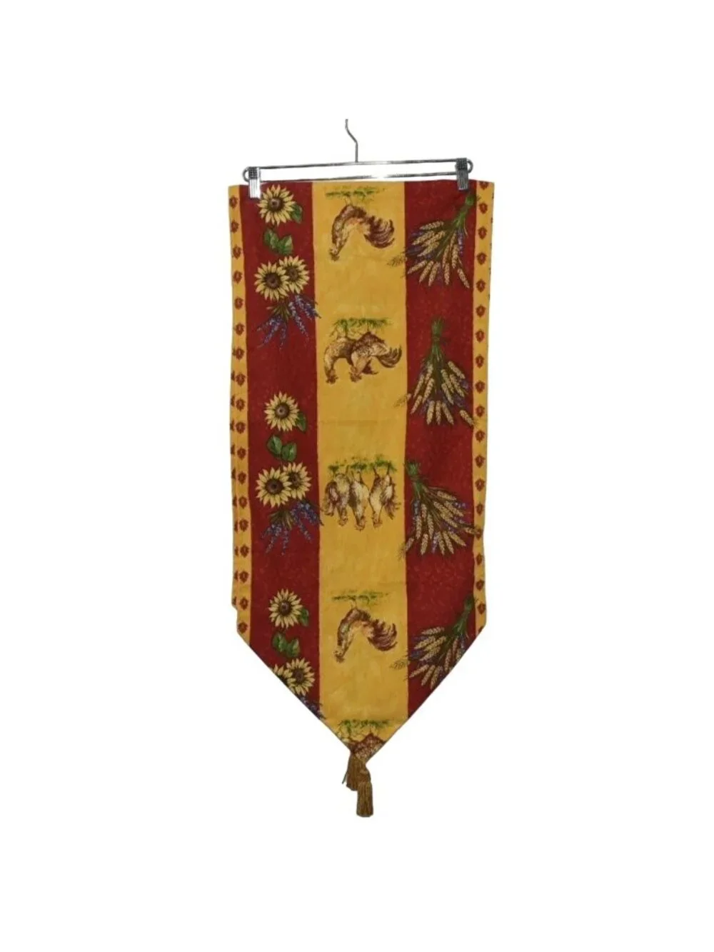 Country Rooster Sunflower Table Runner Tassels Yellow Maroon Red Cotton 16 x 72